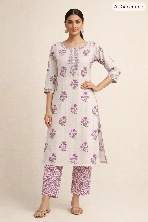 White_&_Purple_Cotton_Straight_Floral_Print_Kurti_Set_For_Women