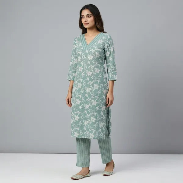 Green_Cotton_Floral_Print_Kurti_Set_For_Women