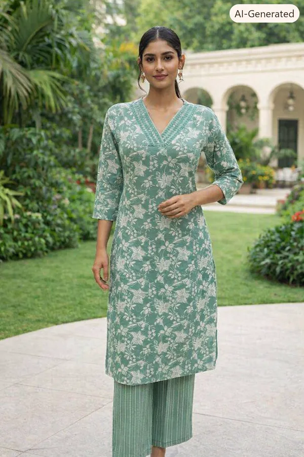 Green_Cotton_Floral_Print_Kurti_Set_For_Women