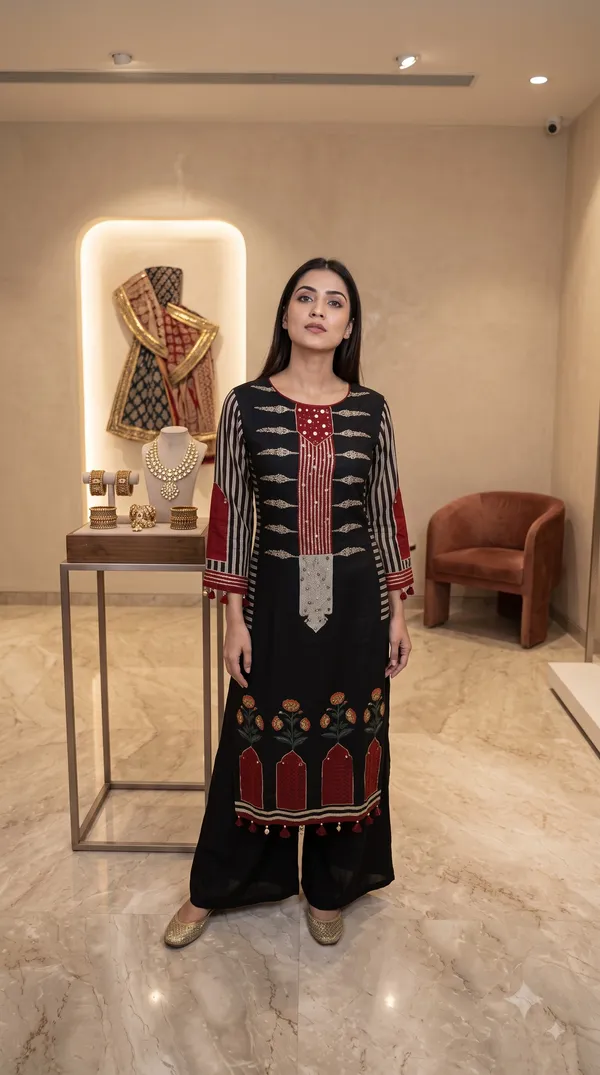 Black_Crepe_Embroidered_Kurti_Set_For_Women