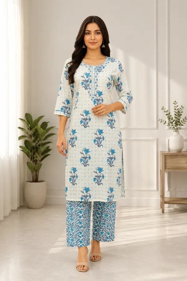 White_&_Blue_Cotton_Straight_Printed_Kurta_Set_For_Women