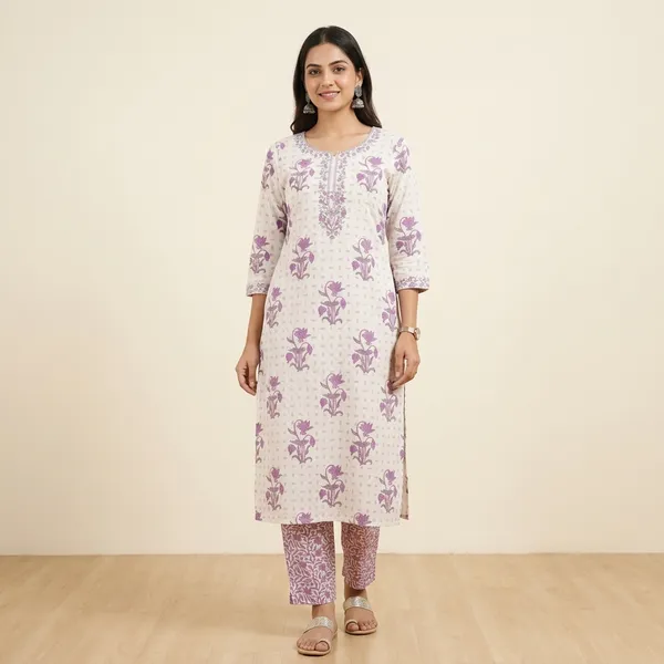 White_&_Purple_Cotton_Straight_Floral_Print_Kurti_Set_For_Women
