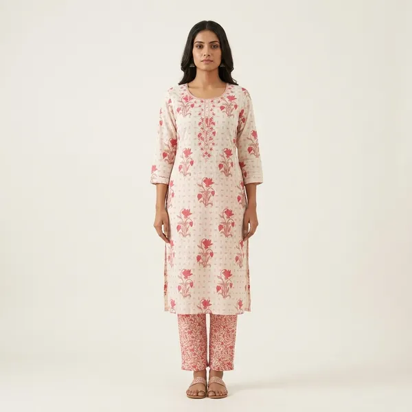 White_&_Pink_Cotton_Straight_Printed_Kurti_Set_For_Women