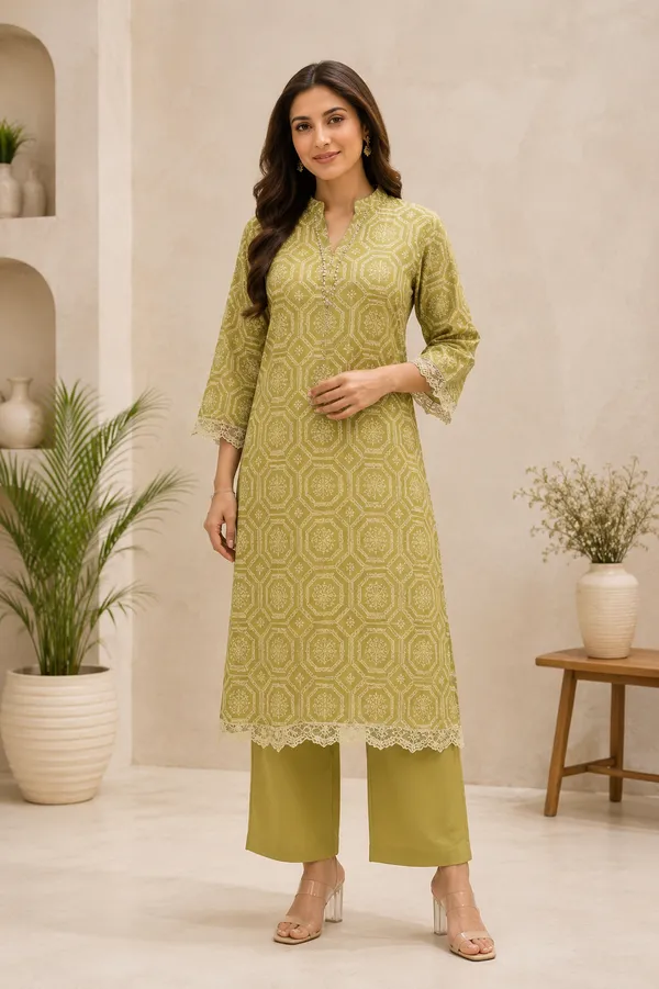 Olive_Green_Cotton_Kurta_Pant_Set_for_woman