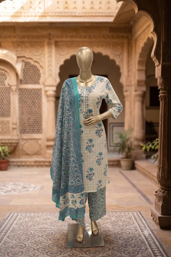 White_&_Blue_Cotton_Straight_Printed_Kurta_Set_For_Women