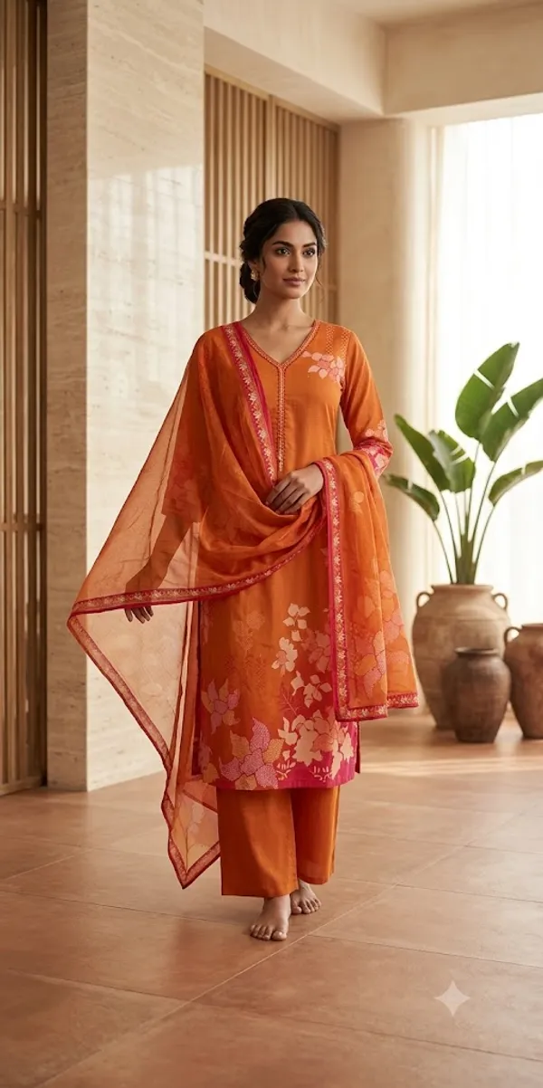 Orange_Cotton_Floral_Print_Kurti_Set_For_Women