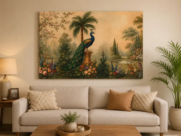Canvas_Traditional_Peacock_Garden_Scene_Wall_Art