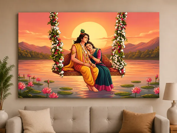 Canvas_Devotional_Radha_Krishna_Floral_Swing_Wall_Art