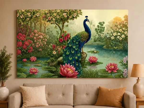 Canvas_Nature_Peacock_Floral_Pond_Print_Wall_Art