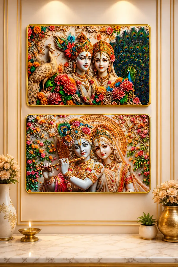 Radha_Krishna_3D_Embossed_Floral_Wall_Art_Photo_Frame_(Set_of_2)
