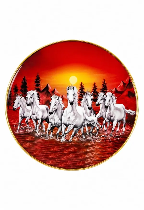 Mdf_Seven_Horses_Vastu_Round_Wall_Plate_Golden_Rim