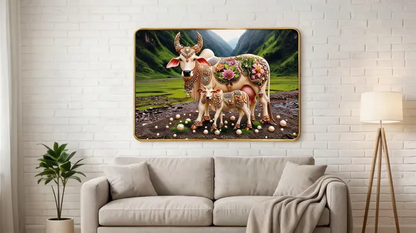Mdf_Resin_Diamond_Art_Kamdhenu_Cow_Calf_Wall_Photo_Frame