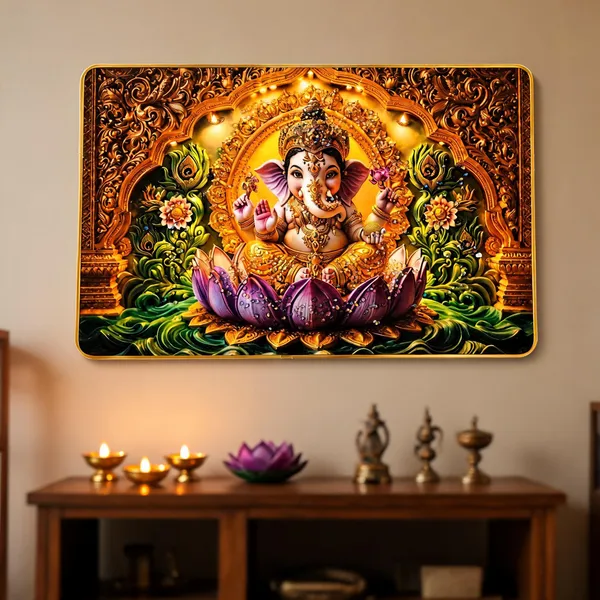 Mdf_Resin_Ganesha_Lotus_Golden_Print_Religious_Wall_Frame