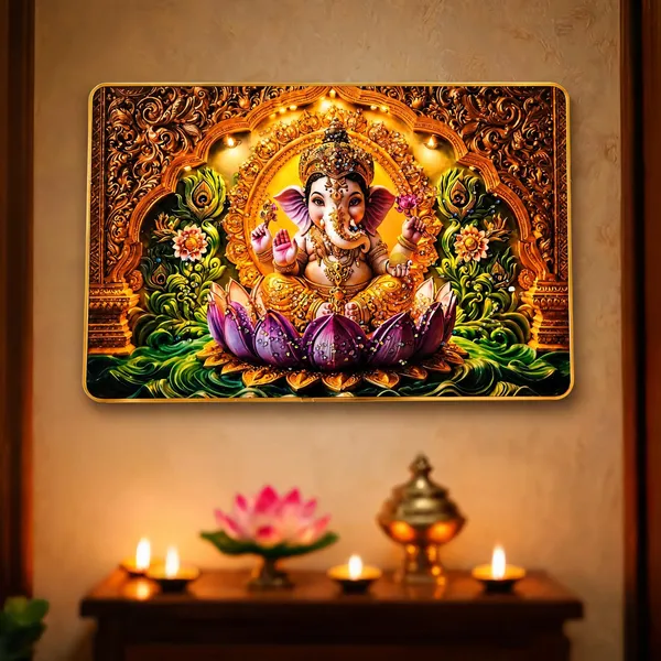 Mdf_Resin_Ganesha_Lotus_Golden_Print_Religious_Wall_Frame