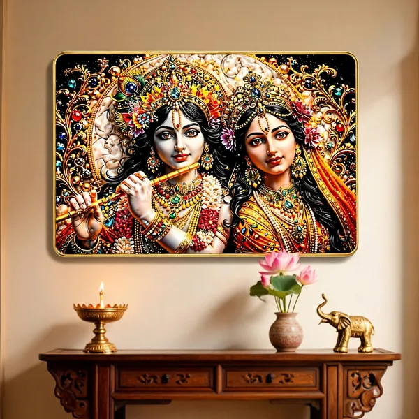 Mdf_Radha_Krishna_Golden_Jewelled_Embossed_Wall_Art_Frame