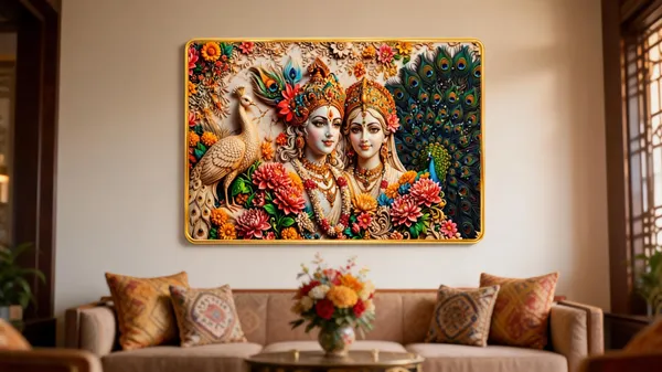 Mdf_3_D_Embossed_Radha_Krishna_Peacock_Golden_Wall_Art_Frame