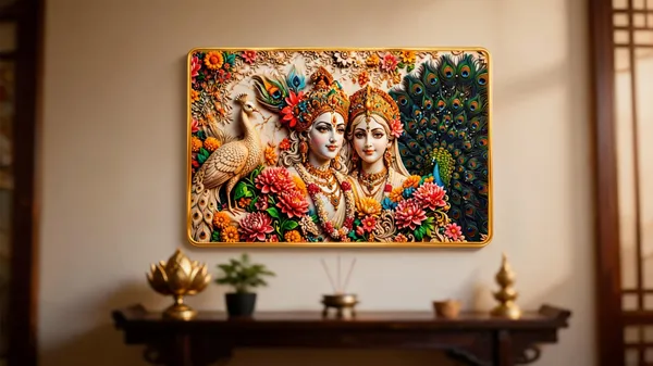 Mdf_3_D_Embossed_Radha_Krishna_Peacock_Golden_Wall_Art_Frame