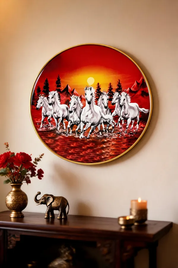 Mdf_Seven_Horses_Vastu_Round_Wall_Plate_Golden_Rim