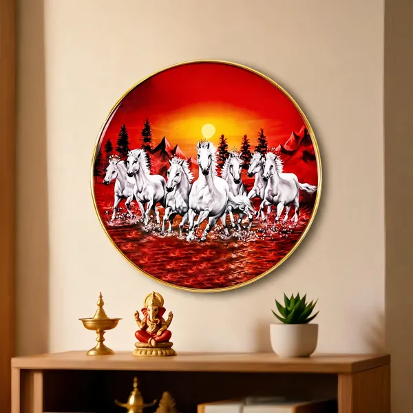 Mdf_Seven_Horses_Vastu_Round_Wall_Plate_Golden_Rim