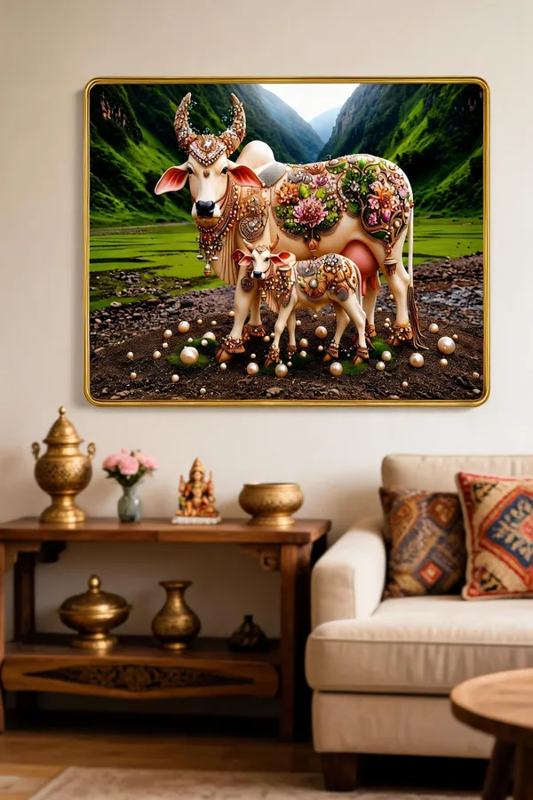 Mdf_Wood_Devotional_Kamdhenu_Cow_And_Calf_Wall_Poster_Frame