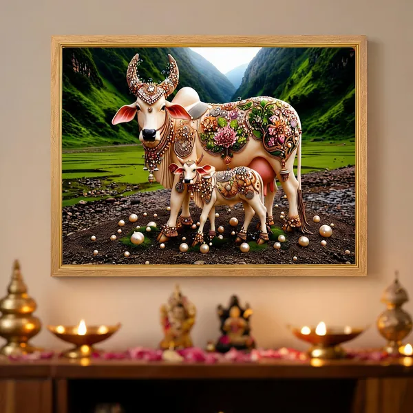 Mdf_Wood_Devotional_Kamdhenu_Cow_And_Calf_Wall_Poster_Frame