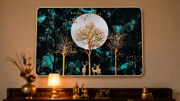 Mdf_Wood_Contemporary_Golden_Deer_Forest_Wall_Art_Panel