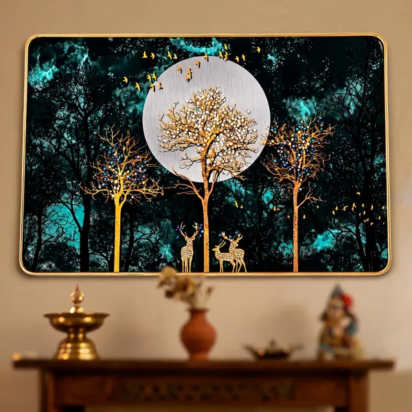 Mdf_Wood_Contemporary_Golden_Deer_Forest_Wall_Art_Panel