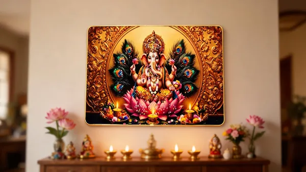 Mdf_Wood_Devotional_Ganesha_Peacock_Feather_Religious_Wall_Frame