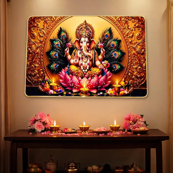 Mdf_Wood_Devotional_Ganesha_Peacock_Feather_Religious_Wall_Frame