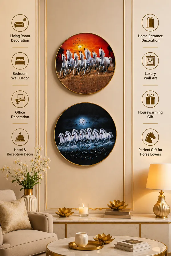 Set_of_2_Round_7_Running_White_Horses_Wall_Art_Painting_with_Gold_Frame