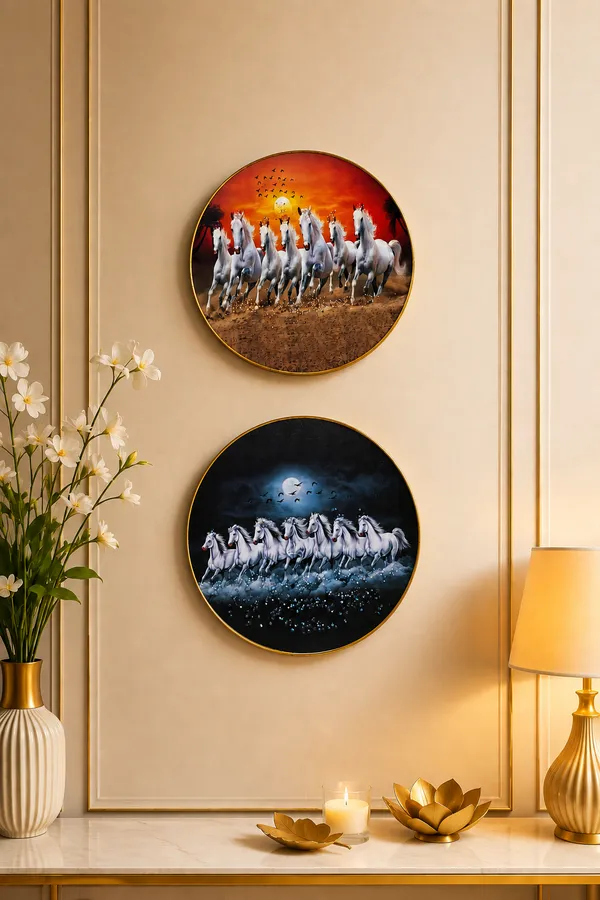 Set_of_2_Round_7_Running_White_Horses_Wall_Art_Painting_with_Gold_Frame