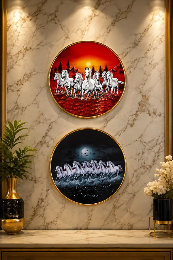 Set_of_2_Round_7_Running_Horses_Wall_Art_Painting_with_Gold_Frame