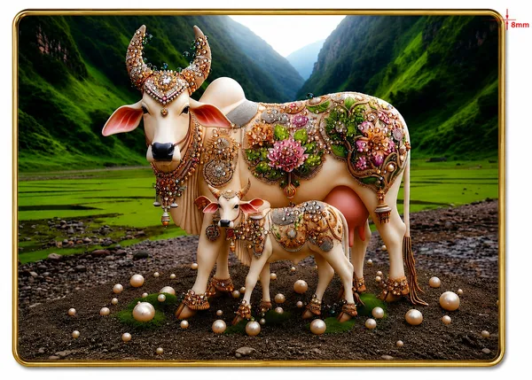 Mdf_Wood_Devotional_Kamdhenu_Cow_And_Calf_Wall_Poster_Frame