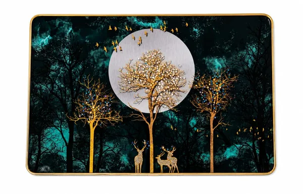 Mdf_Wood_Contemporary_Golden_Deer_Forest_Wall_Art_Panel