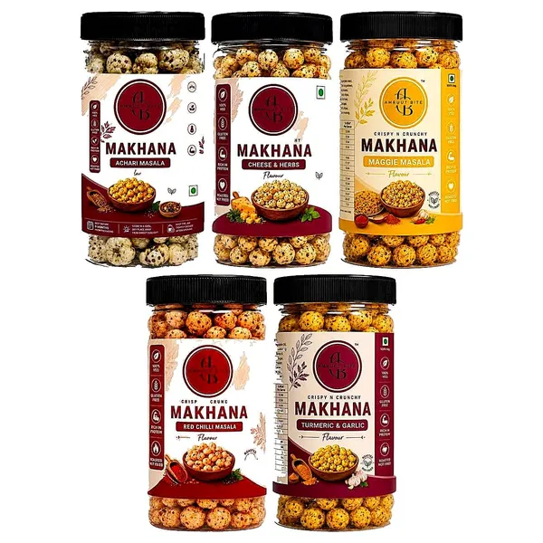 Amruutbites_Assorted_Roasted_Makhana_Cross_Combo_Pack_5_Flavors_Achari_Masala_Cheese_Herbs_Maggie_Mania_Red_Chilly_Masala_Turmeric_Garlic_Healthy_Lotus_Seed_Snack_70g_X_Pack_Of_5_350g_Total