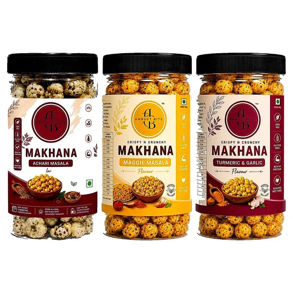 Amruutbites_Assorted_Roasted_Makhana_Cross_Combo_Pack_3_Flavors_Achari_Masala_Maggie_Mania_Turmeric_Garlic_Healthy_Lotus_Seed_Snack_100g_X_Pack_Of_3_300g_Total