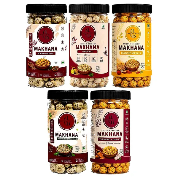 Amruutbites_Assorted_Roasted_Makhana_Cross_Combo_Pack_5_Flavors_Achari_Masala_Chilly_Lemon_Maggie_Mania_Pudina_Twist_Turmeric_Garlic_Healthy_Lotus_Seed_Snack_80g_X_Pack_Of_5_400g_Total