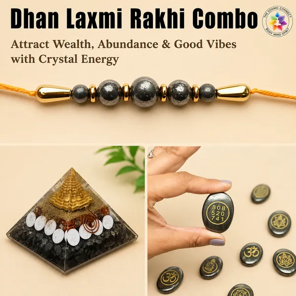 Crystal_Dhan_Laxmi_Rakhi_Combo,_Reiki_Pyrite_Vastu_Pyramid,_Zibu_Coin,_Rakhi,_Golden-Coloured_Set_Of_3