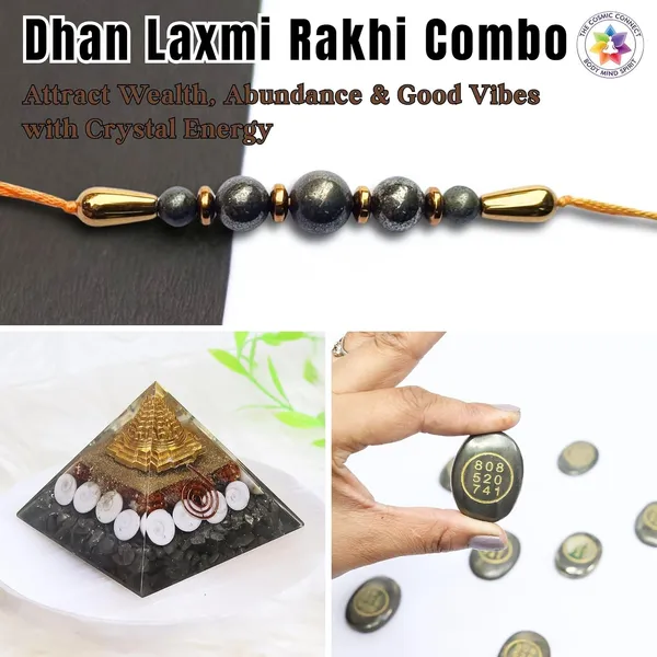 Crystal_Dhan_Laxmi_Rakhi_Combo,_Reiki_Pyrite_Vastu_Pyramid,_Zibu_Coin,_Rakhi,_Golden-Coloured_Set_Of_3