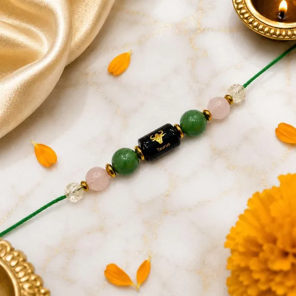 Taurus_Rashi_Rakhi_For_Brother_-_The_Abundant_Earth_|_Rose_Quartz_Green_Aventurine_Citrine_Crystal_|_Spiritual_Zodiac_On_Champagne_Gold_Thread_|_Reiki_Energized_Raksha_Bandhan_Gift