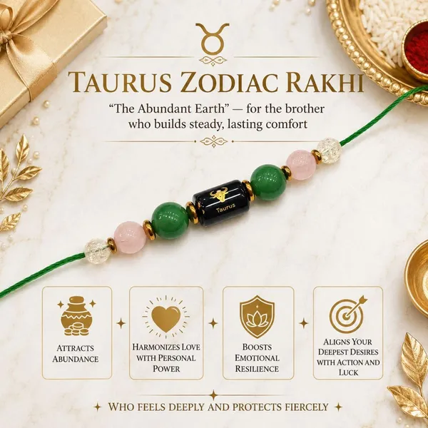 Taurus_Rashi_Rakhi_For_Brother_-_The_Abundant_Earth_|_Rose_Quartz_Green_Aventurine_Citrine_Crystal_|_Spiritual_Zodiac_On_Champagne_Gold_Thread_|_Reiki_Energized_Raksha_Bandhan_Gift