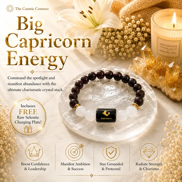 Capricorn_Rashi_Zodiac_Bracelet_With_Raw_Moroccan_Selenite_Plate_–_Natural_Garnet_&_Milky_Quartz_Beaded_Bracelet_For_Makar_Rashi