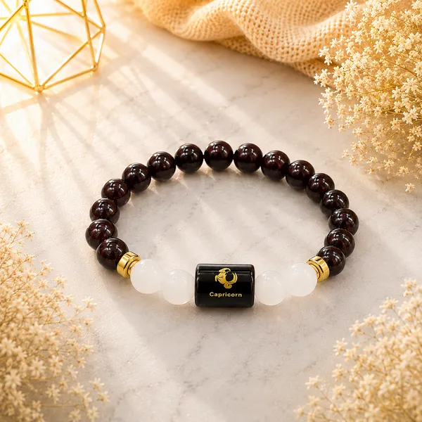 Capricorn_Rashi_Zodiac_Bracelet_–_Natural_Garnet_&_Milky_Quartz_Beaded_Bracelet_For_Makar_Rashi