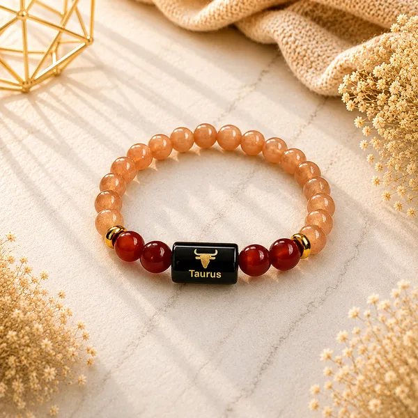 Taurus_Rashi_Zodiac_Bracelet_–_Natural_Sunstone_&_Carnelian_Beaded_Bracelet_For_Vrishabha_Rashi