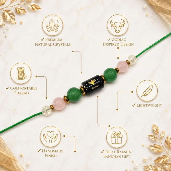 Taurus_Rashi_Rakhi_For_Brother_-_The_Abundant_Earth_|_Rose_Quartz_Green_Aventurine_Citrine_Crystal_|_Spiritual_Zodiac_On_Champagne_Gold_Thread_|_Reiki_Energized_Raksha_Bandhan_Gift