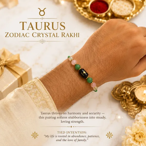 Taurus_Rashi_Rakhi_For_Brother_-_The_Abundant_Earth_|_Rose_Quartz_Green_Aventurine_Citrine_Crystal_|_Spiritual_Zodiac_On_Champagne_Gold_Thread_|_Reiki_Energized_Raksha_Bandhan_Gift