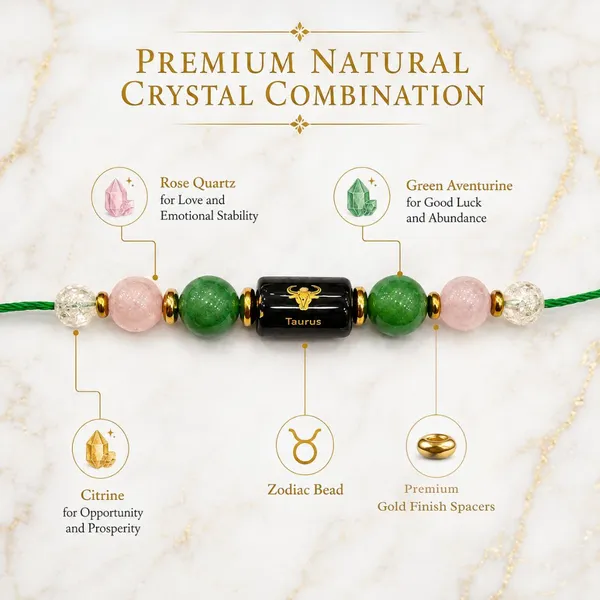 Taurus_Rashi_Rakhi_For_Brother_-_The_Abundant_Earth_|_Rose_Quartz_Green_Aventurine_Citrine_Crystal_|_Spiritual_Zodiac_On_Champagne_Gold_Thread_|_Reiki_Energized_Raksha_Bandhan_Gift