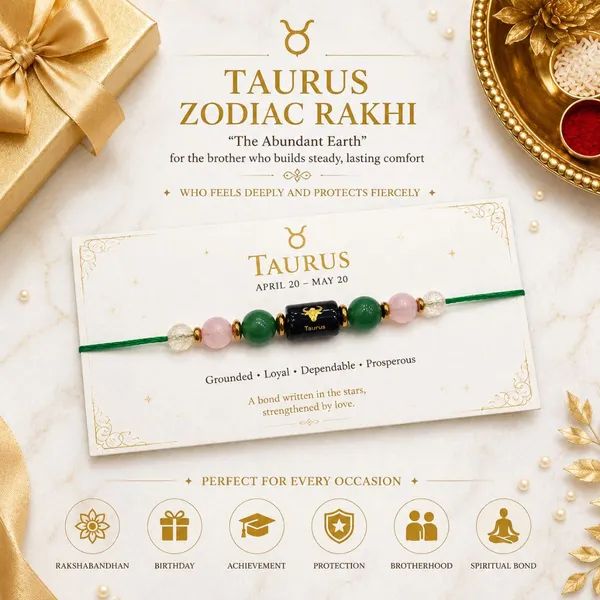 Taurus_Rashi_Rakhi_For_Brother_-_The_Abundant_Earth_|_Rose_Quartz_Green_Aventurine_Citrine_Crystal_|_Spiritual_Zodiac_On_Champagne_Gold_Thread_|_Reiki_Energized_Raksha_Bandhan_Gift