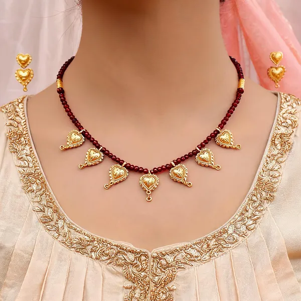 Maroon_Bentex_Gold_Plated_Beaded_Heart_Charm_Necklace_For_Women