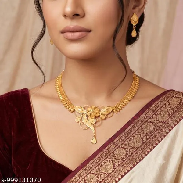 Gold_Copper_Gold_Plated_Floral_Necklace_Set_With_Earrings_For_Women